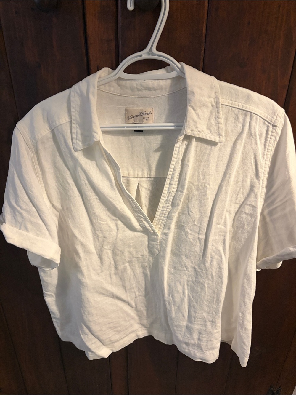 Universal Thread White Short-Sleeve Button-Front Linen Blend Top